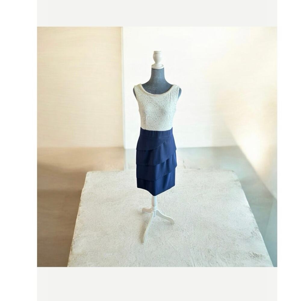 Connected Apparel Womens Dress Ivory Lace, Blue Tiered Bottom Size 6